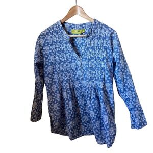 Rock Flower Paper Blue Floral Print Cotton‎ Long Sleeve Pintuck Blouse S